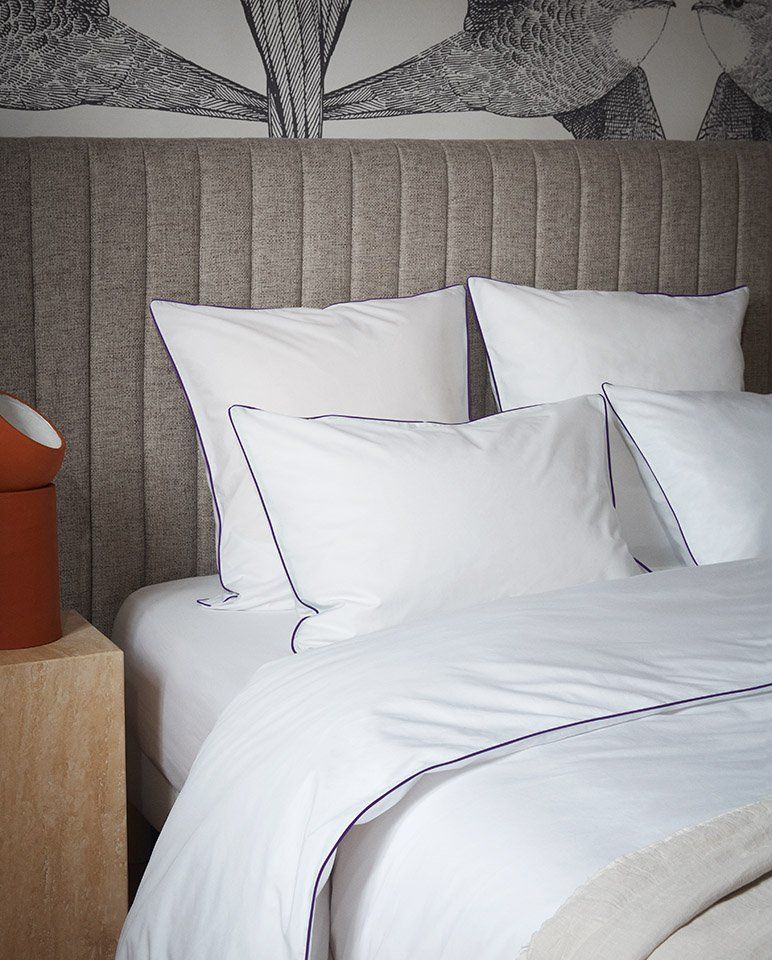 Cotton Percale Pillowcase Pair | White Aubergine Purple Border
