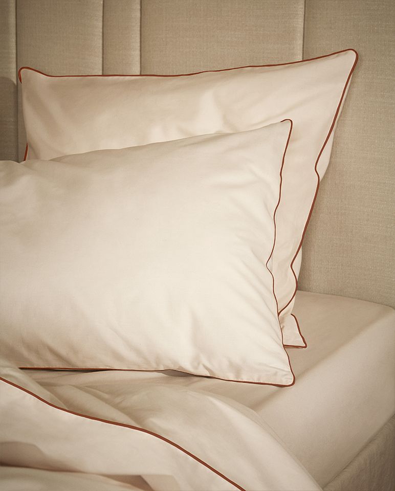 Paire de taies d'oreiller Percale de coton | Ecru Liseré Brun Auburn