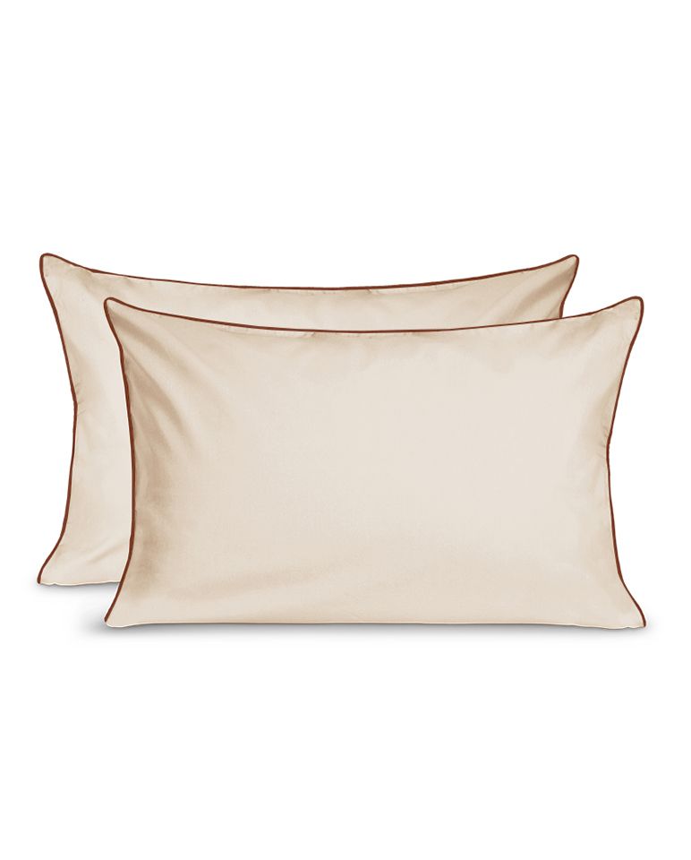 Paire de taies d'oreiller Percale de coton | Ecru Liseré Brun Auburn