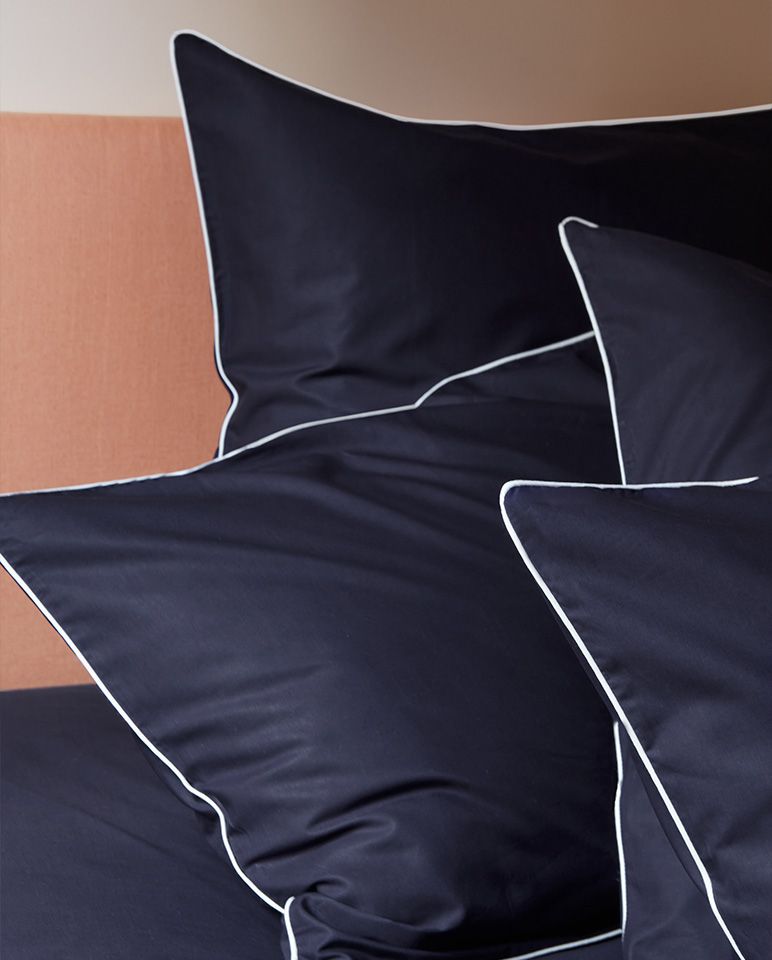 Paire de taies d'oreiller Percale de coton | Bleu Nuit Liseré Blanc