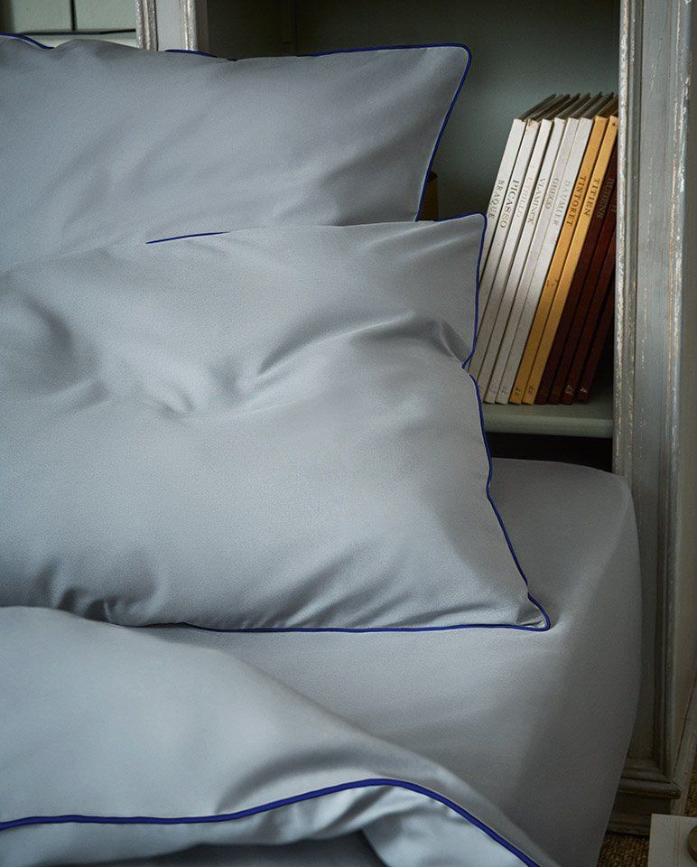 Paire de taies d'oreiller Percale de coton | Gris Liseré Bleu Cobalt