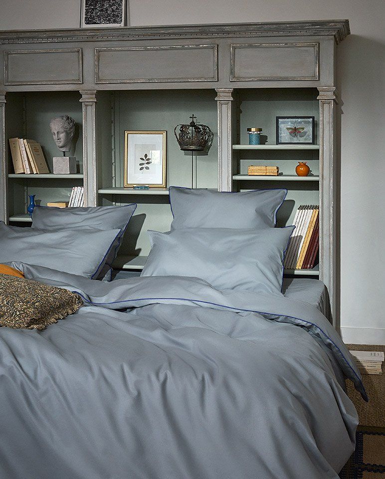 Paire de taies d'oreiller Percale de coton | Gris Liseré Bleu Cobalt