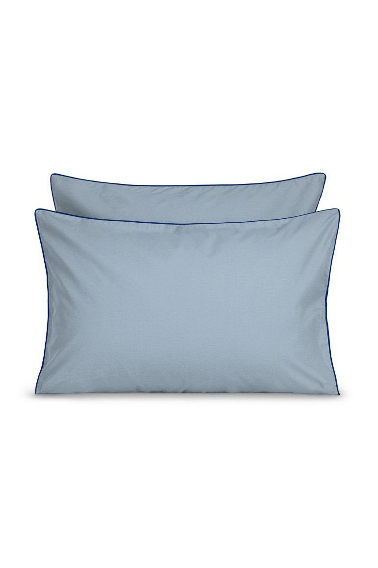 Paire de taies d'oreiller Percale de coton | Gris Liseré Bleu Cobalt
