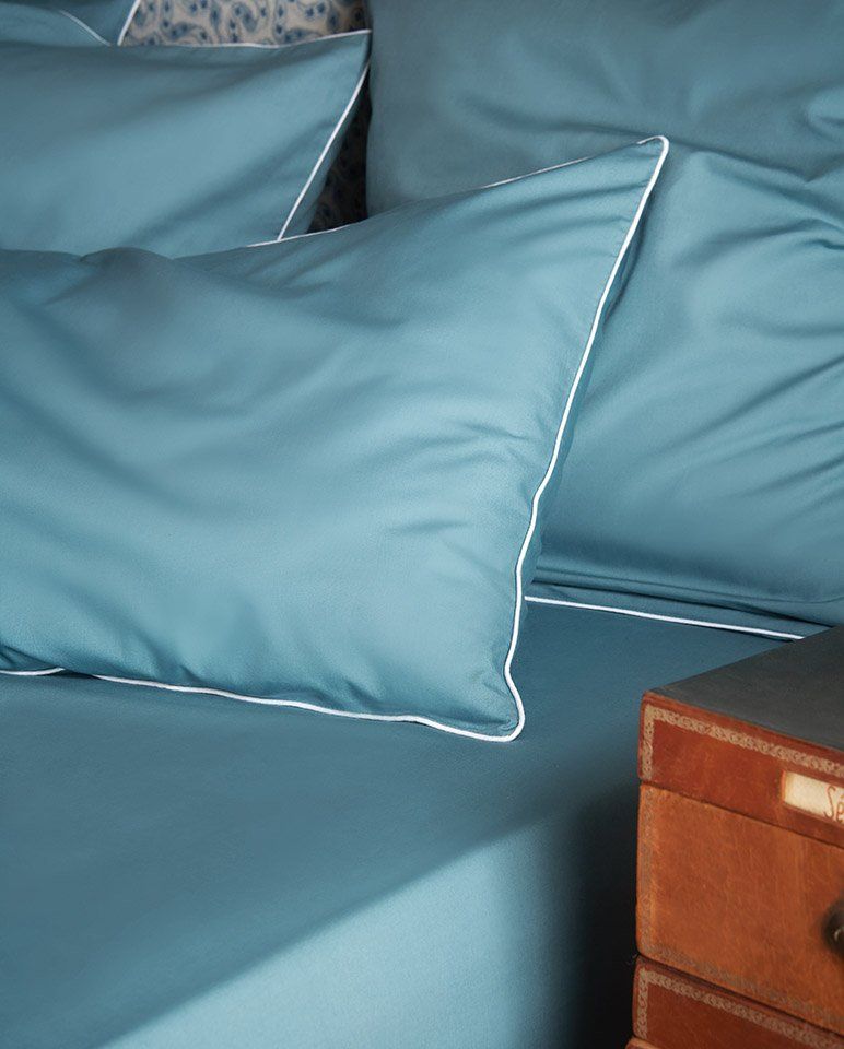 Paire de taies d'oreiller Percale de coton | Bleu Chardin Liseré Blanc