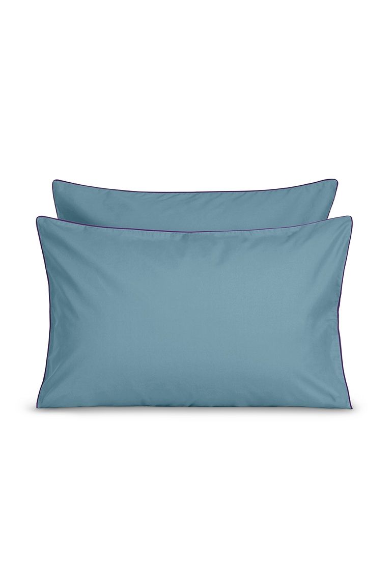 Paire de taies d'oreiller Percale de coton | Bleu Chardin Liseré Violet Aubergine