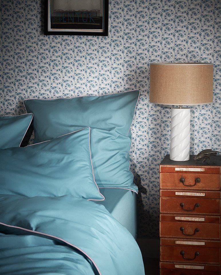 Paire de taies d'oreiller Percale de coton | Bleu Chardin Liseré Rose Nymphe