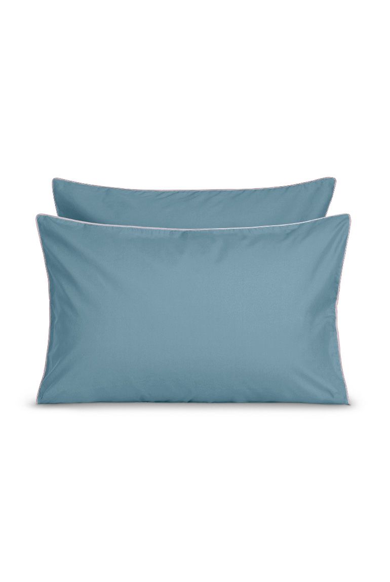 Paire de taies d'oreiller Percale de coton | Bleu Chardin Liseré Rose Nymphe