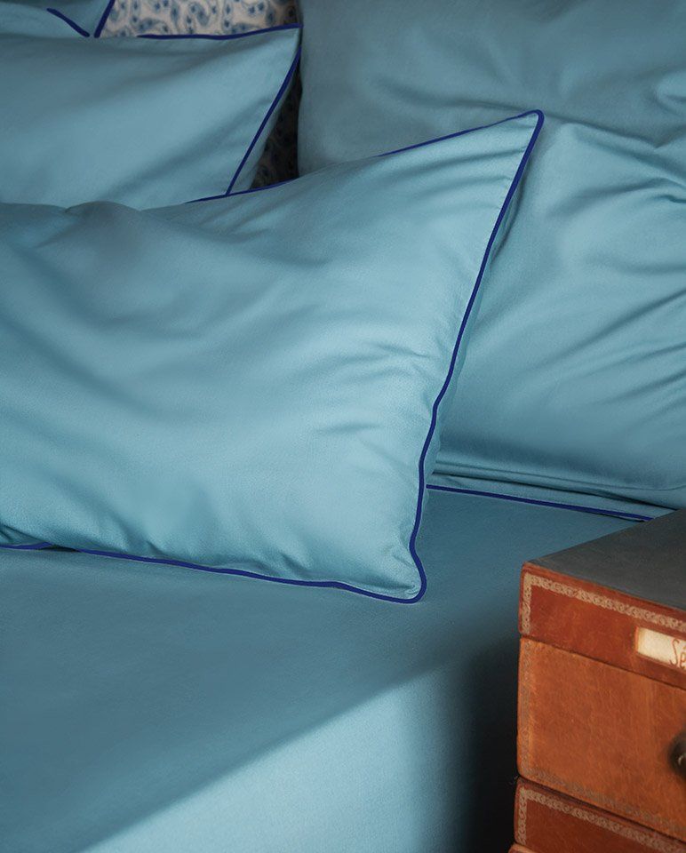 Paire de taies d'oreiller Percale de coton | Bleu Chardin Liseré Bleu Cobalt