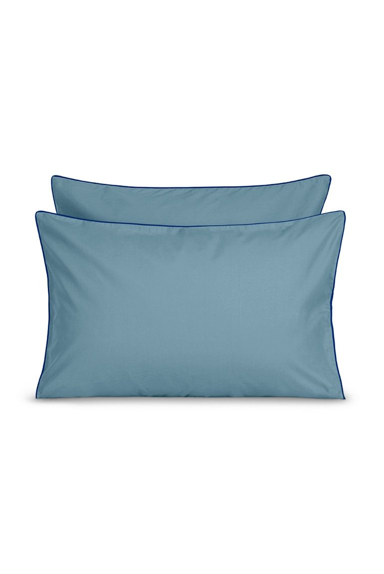 Paire de taies d'oreiller Percale de coton | Bleu Chardin Liseré Bleu Cobalt