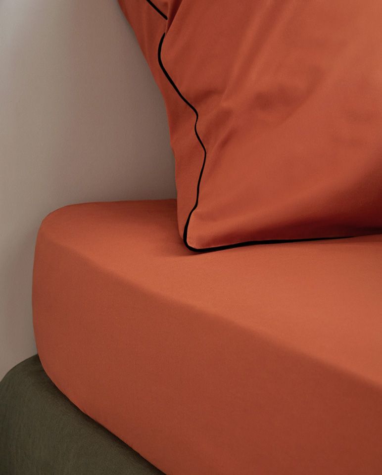 Paire de taies d'oreiller Percale de coton | Terracotta Liseré Noir