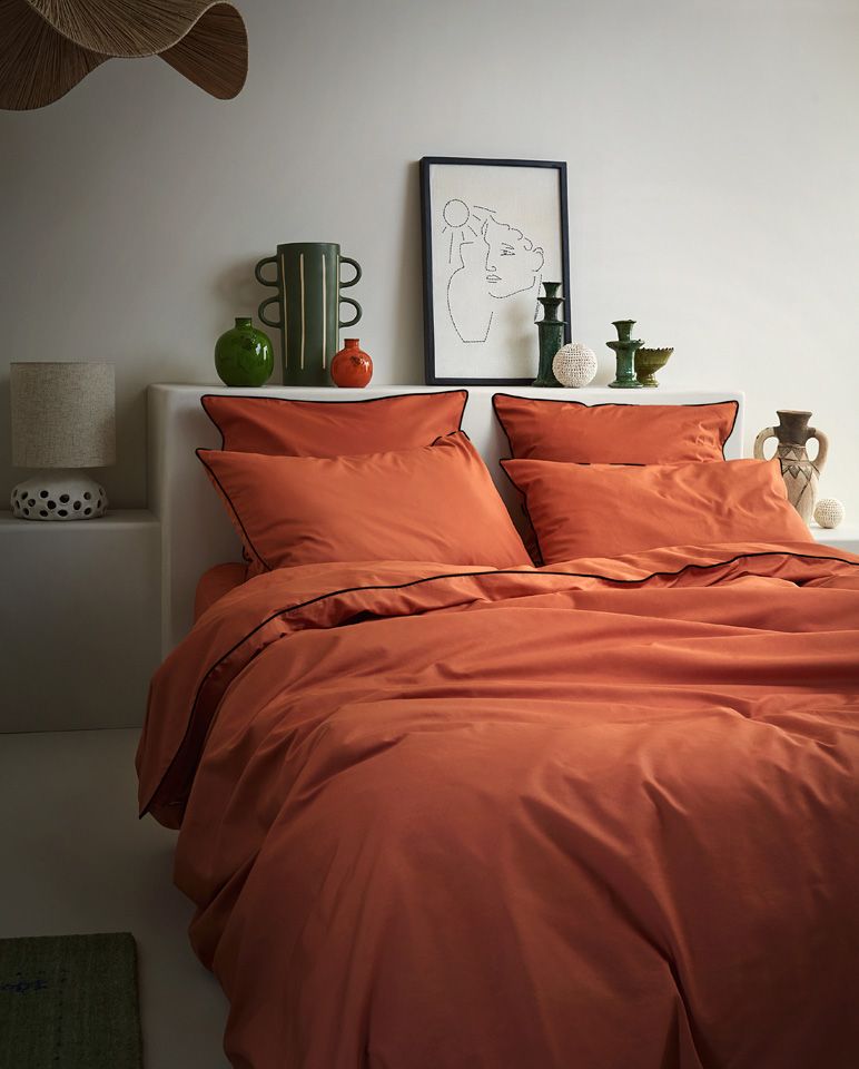 Paire de taies d'oreiller Percale de coton | Terracotta Liseré Noir