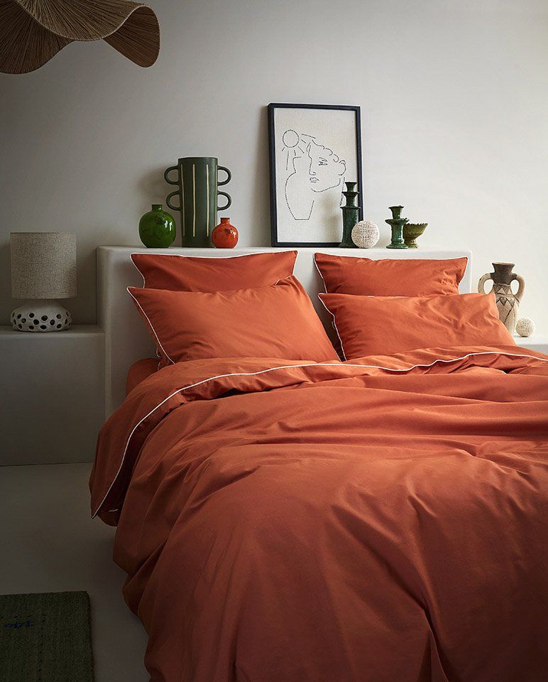 Paire de taies d'oreiller Percale de coton | Terracotta Liseré Blanc