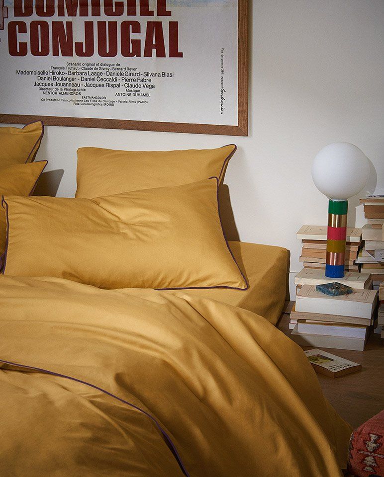 Paire de taies d'oreiller Percale de coton | Ocre Liseré Violet Aubergine